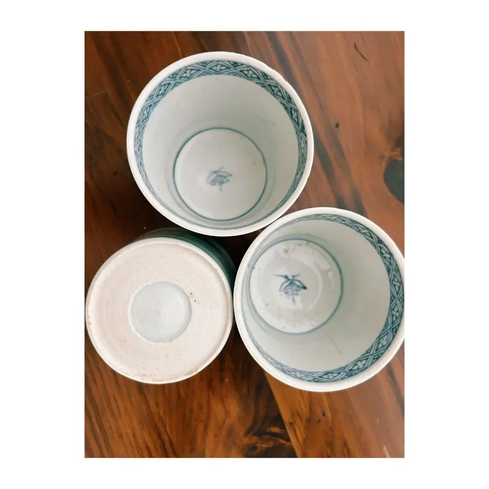 Antique Japanese Soba Choko Cups Blue & White Imari Arita Porcelain Set of 3